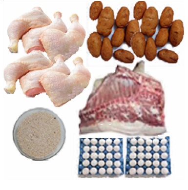 Pollo (10 libras), Cerdo (20 libras) y Huevos